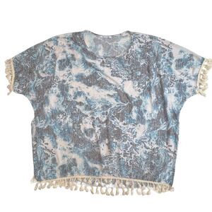 Elise & Zoe Poncho Womens One Size Plus Blue Boho Tasseled Relaxed Festival Top